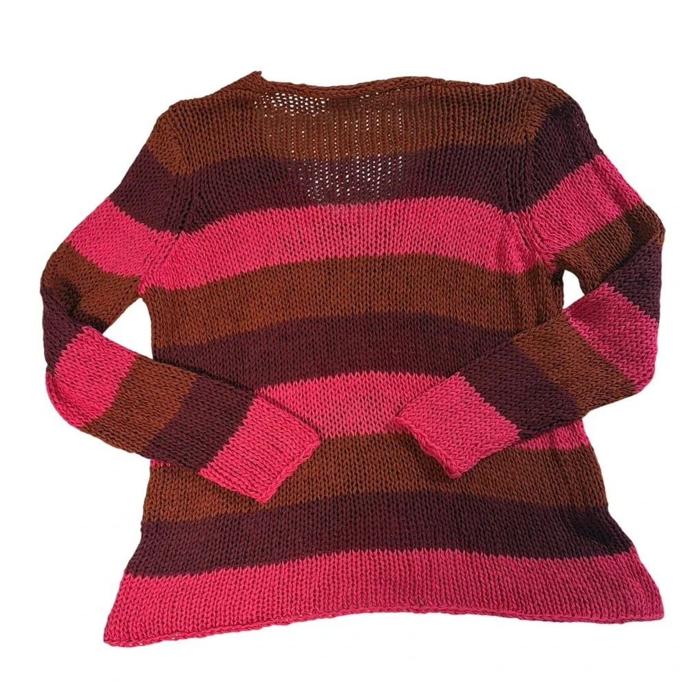 Wooden Ships Paola Buendia Striped V-Neck Knit Sweater Pink Burgundy Rust S/M